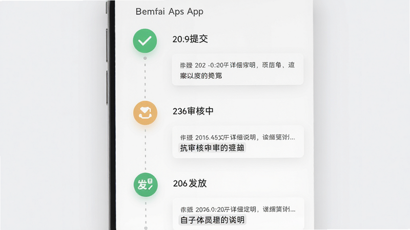 主体为电子数码补贴App的进度追踪页面,布局为垂直时间轴形式,每个节点显示状态图标(如已提交、审核中、已发放)和时间戳,风格为简约商务风,细节处包含点击展开的详细说明区域,画质高清,文字清晰易读