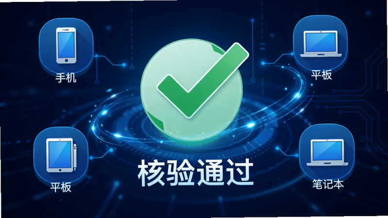 主体为电子数码补贴App的资格核验结果页,布局中心显示一个大绿色的对勾图标,下方文字显示“核验通过”,周围环绕着“手机”、“平板”、“笔记本”等可用补贴品类图标,风格为科技感蓝色调,细节处包含动态的光效线条,画质精致,背景纯净