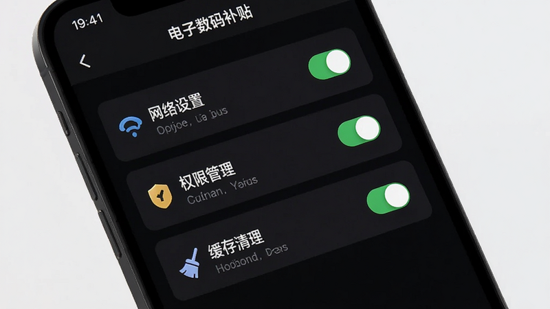 主体为手机屏幕上显示电子数码补贴App的设置页面,布局清晰,列出“网络设置”、“权限管理”、“缓存清理”等选项,风格为深色模式UI,细节处包含开关按钮和图标,画质清晰,背景简洁