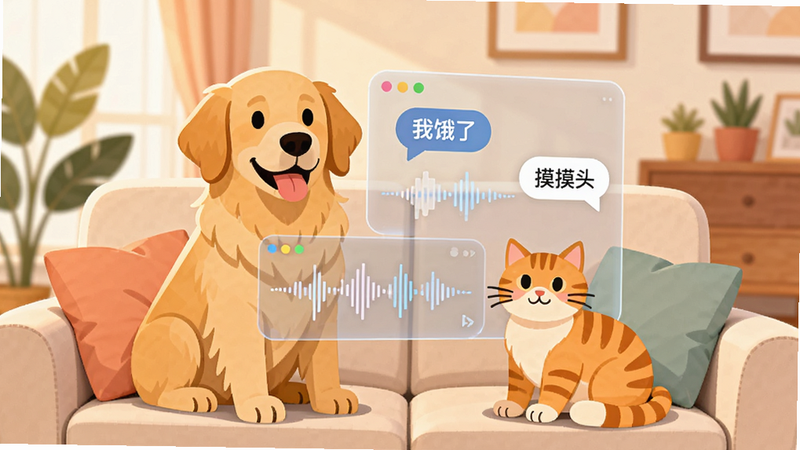 一张高清现代扁平化风格插画,主体是一只可爱的金毛犬和一只橘猫坐在沙发上,背景是温馨的客厅环境,画面中央悬浮着半透明的科技界面,显示着声波波形图和对话气泡,气泡中写着“我饿了”和“摸摸头”,整体色调温暖柔和,细节精致,无多余杂乱元素,高清画质