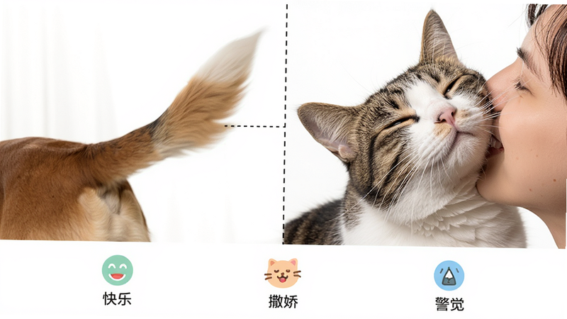 分屏布局,左侧是狗狗摇尾巴的特写,右侧是猫咪蹭主人的特写,中间用虚线连接,下方有三个图标分别代表“快乐”、“撒娇”、“警觉”,图标设计简约现代,配色清新,背景纯白,高清晰度