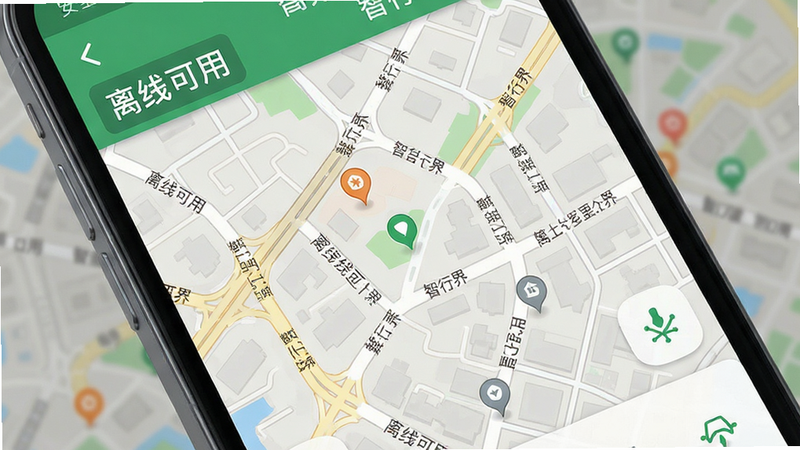 主体为手机离线地图界面,布局展示城市街区细节,排版紧凑有序,风格写实与扁平结合,细节呈现道路名称与地标图标,画质细腻,干净无水印,文字包含