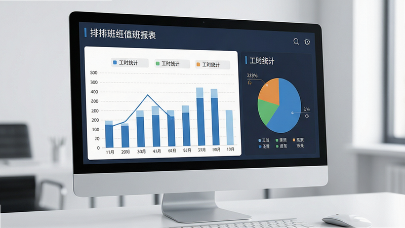 主体为电脑屏幕,显示排班值班表的数据统计报表,布局图表结合,风格专业商务,细节处有柱状图和饼图,文字标注“工时统计”,画质高清,干净,无多余元素
