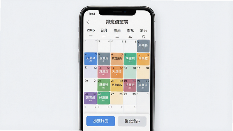 主体为手机屏幕,显示排班值班表APP界面,布局清晰,顶部显示月份和星期,中间是网格状的排班日历,不同颜色代表不同班次,底部有功能按钮,风格现代简约,扁平化设计,细节丰富,文字清晰可见,写着“排班值班表”,画质高清,干净,无多余元素