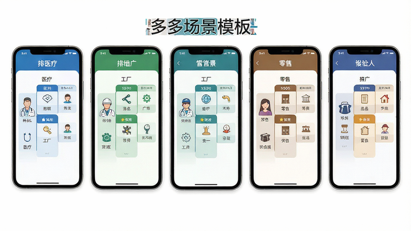 主体为多个手机屏幕并排展示,每个屏幕显示不同的排班模板,如医疗、工厂、零售,布局横向排列,风格商务简约,白色背景,细节处有行业图标,文字标注“多场景模板”,画质高清,干净,无多余元素