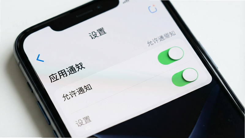 主体为手机设置界面,显示应用权限管理页面,布局上下结构,风格极简,细节处有开关按钮,文字标注“允许通知”,画质清晰,干净,无多余元素