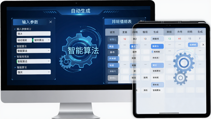主体为电脑屏幕或平板界面,展示排班值班表的“自动生成”功能,画面左侧是输入参数的面板,右侧是生成的排班结果,布局左右分栏,风格科技感,蓝色调,细节处有齿轮旋转动画效果,文字标注“智能算法”,画质清晰,干净,无多余元素