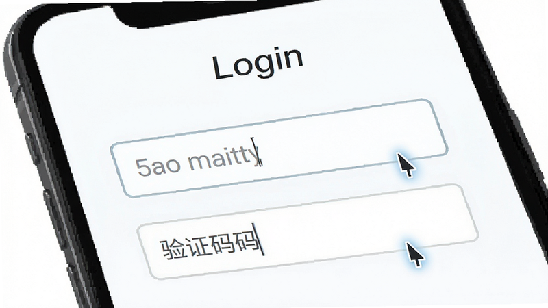 主体为手机登录界面,显示手机号输入框和验证码输入框,布局上下结构,排版清晰易读,风格为简洁UI设计,细节处有光标闪烁效果,画质矢量级,干净,无杂乱元素,文字