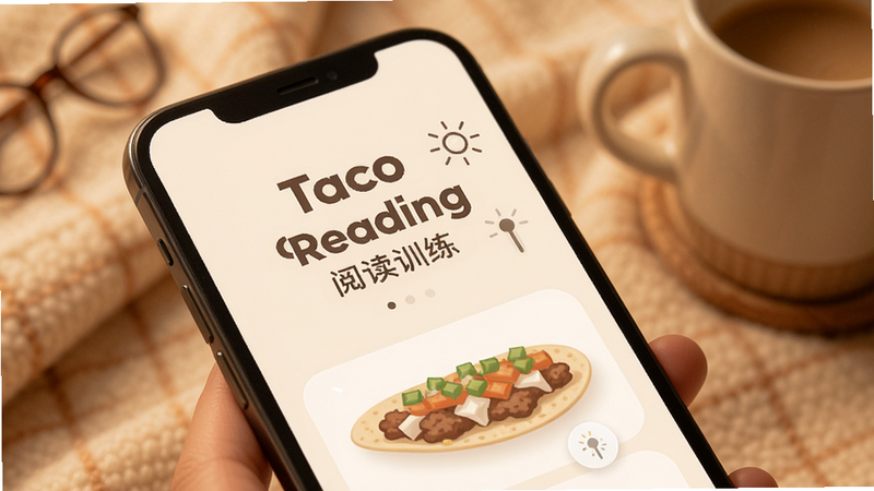 TacoReading阅读训练的护眼模式界面展示,主体为手机屏幕,背景为柔和的暖色调,文字清晰柔和,布局温馨舒适,风格为极简主义,细节处体现光线调节图标,画质柔和,无刺眼元素,传达舒适与保护视觉的感觉