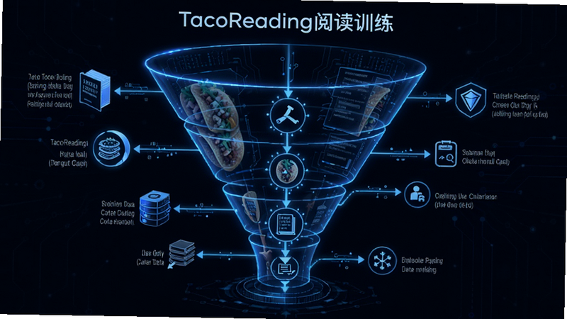 展示TacoReading阅读训练的智能分级算法示意图,主体为数据流动图,布局呈漏斗状,表示从海量文本到个性化推荐的筛选过程,风格为科技感蓝色调,细节包含数据节点与连接线,画质精细,无杂乱背景,体现智能与精准