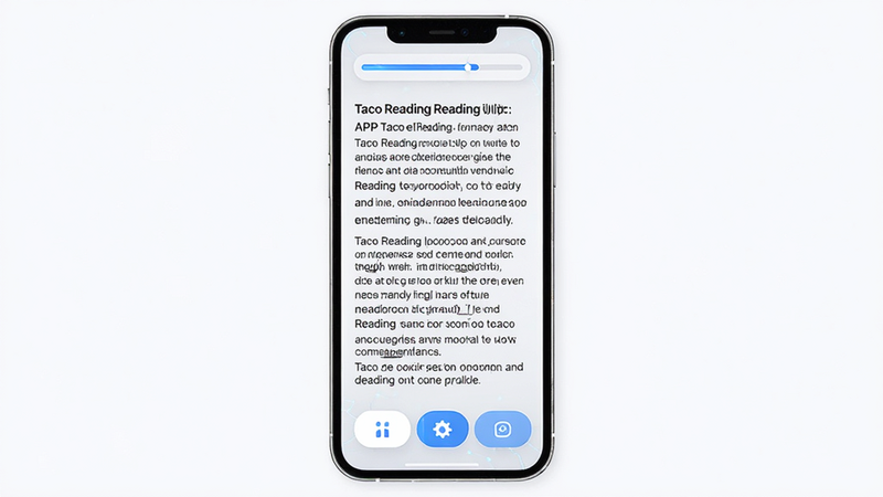 生成一张TacoReading阅读训练APP的主界面预览图,主体为手机屏幕,显示简洁的阅读界面,布局清晰,上方有进度条,中间是大段清晰排版的文字,底部有功能按钮,风格为现代扁平化设计,细节处体现科技感,画质高清,干净无多余元素,文字清晰可读