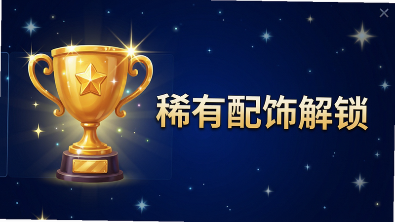 主体为游戏成就界面,布局展示一个金色的奖杯图标和“稀有配饰解锁”字样,背景为星光点缀的深蓝色,排版醒目,风格为华丽庆典风,细节表现奖杯的光泽与星芒,画质璀璨,干净,无多余元素