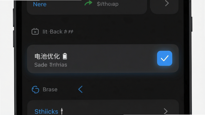 主体为手机设置界面示意图,布局展示“电池优化”选项被选中的状态,背景为深灰色模式,排版清晰,风格为极简科技风,细节表现勾选框的高亮效果,画质锐利,干净,无多余元素