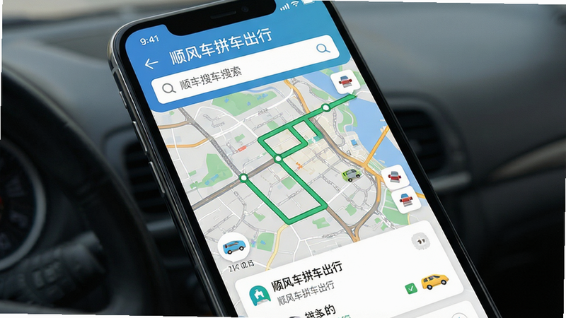 ����Ϊ�����ֻ���Ļ����ʾ��˳�糵ƴ�����С�APP���棬��������������Ϊ·�����������в�Ϊ��ͼ��������ɫ·�߱�ʶ���ײ�Ϊ������Ƭ�����Ϊ�ִ���ƽ��UI��ƣ�ϸ�ڰ�����ʵ��·�����복��ͼ�꣬���ʸ��壬�ɾ��޶���Ԫ�أ����֡�˳�糵ƴ�����С������ɼ�