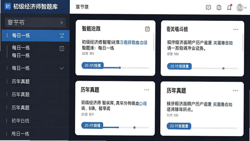 主体为初级经济师智题库应用界面全景图,布局采用左右分栏结构,左侧显示章节列表,右侧展示具体试题卡片,排版整洁有序,风格为扁平化商务风格,细节包含清晰的文字标签和进度条,画质高清,干净,无多余元素,文字标签需清晰可见如