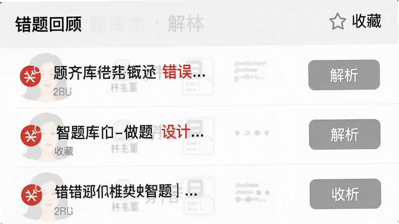 主体为初级经济师智题库错题本功能界面特写,布局为列表式结构,每行显示一道错题概要及错误标记,排版紧凑清晰,风格为极简主义,细节包含红色的错误标识图标和灰色的解析按钮,画质清晰,干净,无多余元素,文字标签如