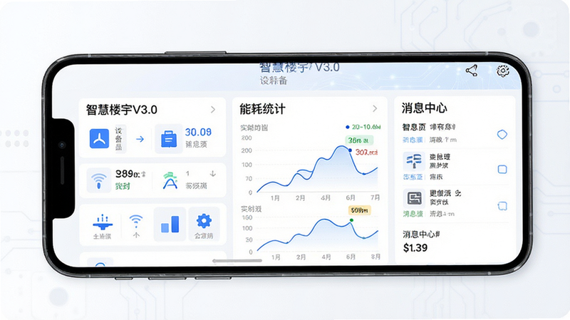 主体为手机屏幕显示智慧楼宇V3.0应用界面,布局清晰分为设备状态区、能耗统计区与消息中心,排版采用扁平化设计,风格现代简约科技感,细节包含蓝色主色调图标与实时数据曲线,画质高清,干净无多余元素,文字