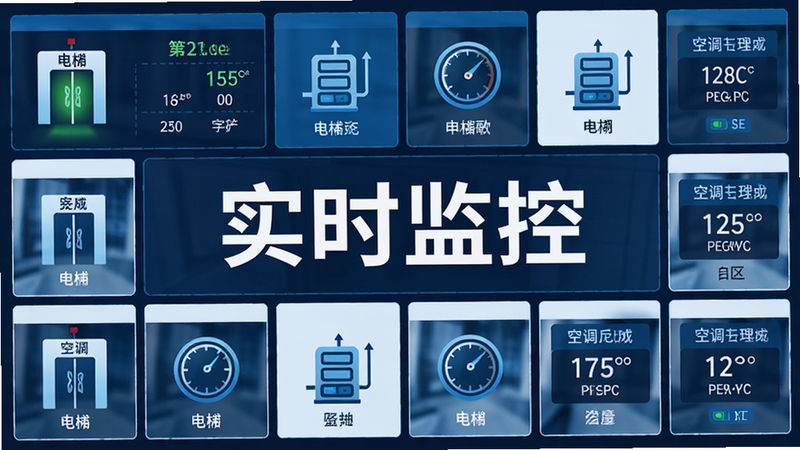 主体为楼宇设备监控仪表盘,布局呈网格状排列各类设备图标,排版紧凑有序,风格科技蓝白色调,细节显示电梯运行状态与空调温度读数,画质清晰,干净,文字