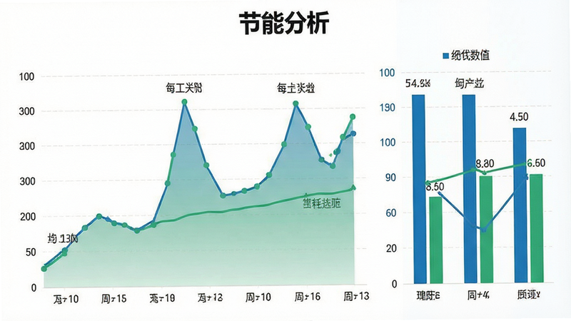 主体为能耗数据折线图与柱状图组合,布局左右分栏,左侧为趋势图右侧为具体数值,排版专业简洁,风格商务蓝绿配色,细节标注峰值与均值对比,画质高保真,干净,文字