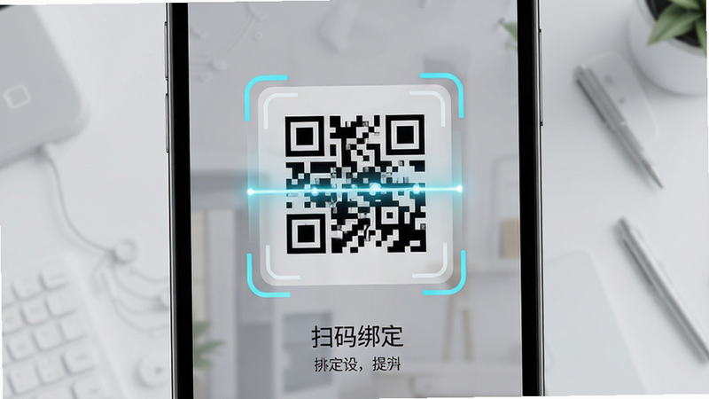 主体为手机扫描二维码绑定设备的操作界面,布局居中显示扫描框,排版简洁,风格现代科技风,细节显示二维码轮廓与扫描线动画,画质高清晰度,干净,文字