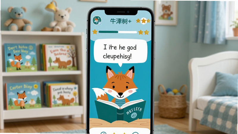 主体为一部竖屏智能手机,屏幕中央显示“牛津树+”App界面,背景是温馨的儿童房,书架上摆放着实体绘本,手机屏幕上呈现着一只卡通狐狸角色正在朗读英文句子,界面顶部有清晰的进度条和星星奖励图标,整体风格扁平化,色彩明快,采用蓝白主色调,高清渲染,无多余元素