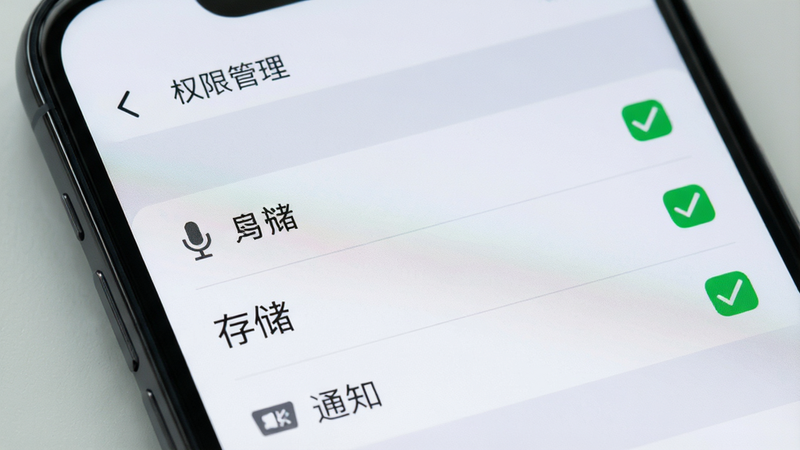 手机设置界面特写,显示“权限管理”页面,麦克风、存储、通知权限均被勾选,背景为浅灰色,界面简洁清晰,体现系统设置细节,高清画质,无多余装饰