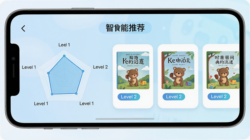 手机界面展示“智能推荐”页面,左侧为难度雷达图,右侧为三本不同封面的绘本卡片,卡片上标注着“Level 1”“Level 2”等标签,背景为柔和的浅蓝色渐变,界面元素布局整齐,字体清晰,体现科技与教育的结合,高清画质,干净简洁