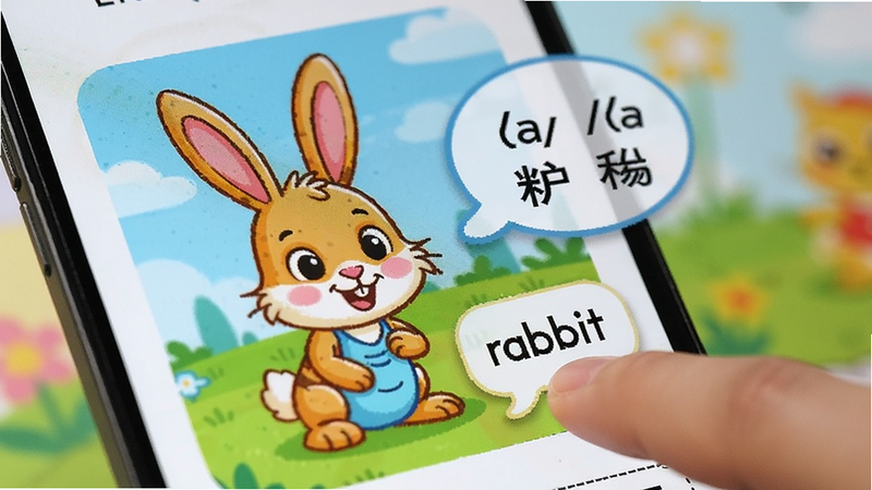 手机屏幕特写,显示绘本页面中一只小兔子图片,手指正在点击兔子旁边的单词“rabbit”,周围弹出气泡显示该词的音标和中文释义,背景虚化,突出交互细节,色彩鲜艳,卡通风格,高清细节,无杂乱背景