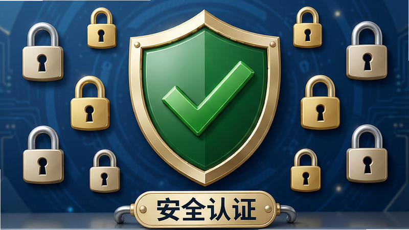 奇奇精灵安全认证标志展示,中心为绿色对勾盾牌,周围环绕安全锁图标,风格专业可信,细节精致,画质清晰,干净,无多余元素,文字标签为