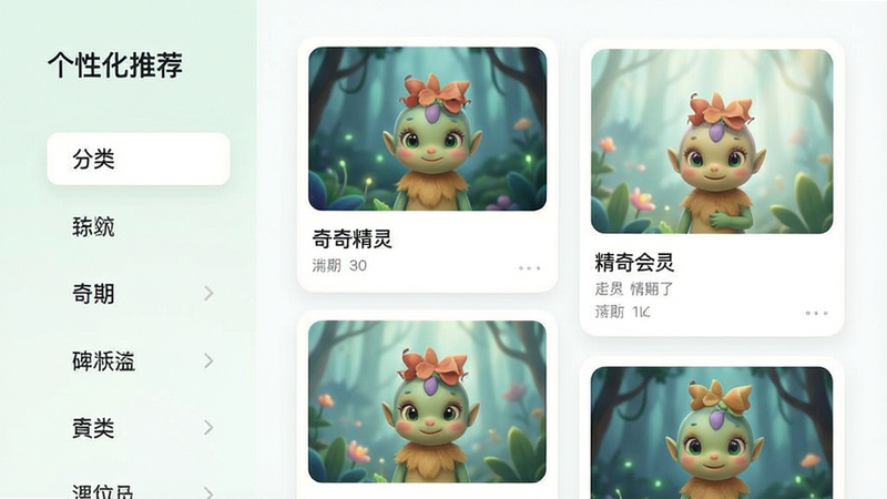 奇奇精灵个性化推荐页面示意图,左侧为分类标签栏,右侧为瀑布流内容卡片,卡片包含图片和标题,布局整齐,风格清新简约,细节柔和,画质清晰,干净,无多余元素,文字标签为