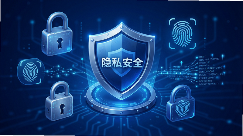 奇奇精灵隐私安全概念图,中心为盾牌图标,周围环绕着锁形、指纹、数据流等象征安全的元素,风格科技蓝色调,细节精致,画质清晰,干净,无多余元素,文字标签为