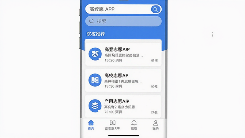 ����Ϊ�ߵ�־ԸAPP���������ͼ������������������ʾ���������м�չʾԺУ�Ƽ��б����ײ�Ϊ������������ִ���Լ����ɫΪ��ɫ����ϸ�ڰ���ͼ�������ֱ�ǩ�����ʸ��壬�ɾ����޶���Ԫ��
