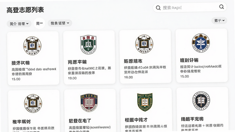 �ߵ�־ԸAPP��ԺУ���б�ҳ�棬��ʾ������ѧ�Ŀ�Ƭʽչʾ������У�ա��������飬�������񻯣��Ű�������������ף�ϸ�ڰ���ɸѡ��ǩ�������򣬻��ʸ߱��棬�ɾ����޶���Ԫ��