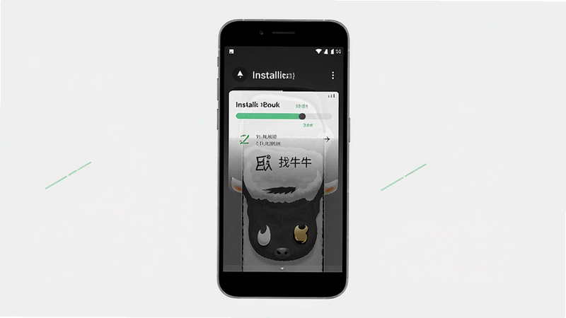 找牛牛安卓手机安装界面示意图,主体为手机屏幕,显示安装进度条,背景为浅灰色,布局简洁,细节展现安装步骤,风格极简,高清无水印,干净背景,无多余元素