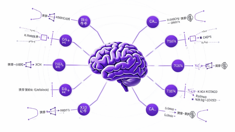 找牛牛智能推荐算法示意图,主体为大脑与数据节点连接,紫色与白色配色,布局中心发散,细节展现算法逻辑,风格科技简约,高清无噪点,干净背景,无多余元素
