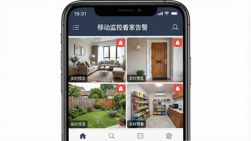 ����Ϊ�����ֻ���Ļ����ʾ���ƶ���ؿ��Ҹ澯��App���棬��������������״̬����ʾʱ��������м�����ָ�Ϊ�ĸ����ͨ������ͼ��չʾ�������ſڡ���Ժ�������ڲ����������Ϊ�ִ���ƽ��UI��ƣ�ϸ�ڰ�����ɫ����ͼ�������ʾ�����ʸ��壬�ɾ��޶���Ԫ�أ����ְ������ƶ���ؿ��Ҹ澯������ʵʱԤ����