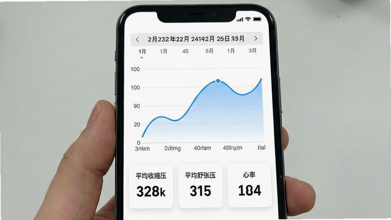 һ��չʾ�ֻ�Ӧ��������ͳ�ƽ���Ľ�ͼ���ͼ����Ļ�Ϸ�������ѡ�������м�ռ����Ҫλ�õ���һ��ƽ������ɫ����ͼ��չʾ��Ѫѹ��ʱ��仯�����ơ�ͼ���·��������ؼ�ָ�꿨Ƭ���ֱ���ʾ��ƽ������ѹ������ƽ������ѹ���͡����ʡ�������������Ŀ�����沼�����࣬�����׶�������Ϊ���ף��������ݵ�רҵ������Ŷȣ�UI�����ѧ��������