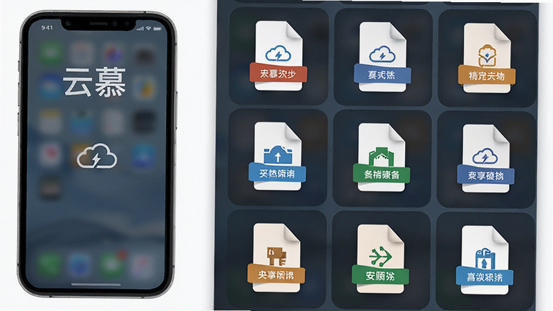 展示“云慕”多格式兼容性的示意图,主体为手机屏幕中打开的不同格式文件图标,布局为网格状排列,排版规整,风格商务简洁,细节展示文件类型标签,画质清晰,干净,无杂讯,文字内容包含“云慕”