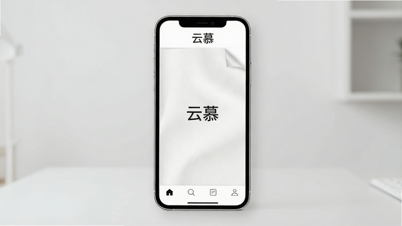 一张展示“云慕”安卓应用界面的概念设计图,主体为手机屏幕,屏幕内显示简洁的白色背景阅读界面,布局清晰,顶部有“云慕”Logo,底部有导航栏,排版极简,风格清新现代,细节处体现纸张质感,画质高清,干净,无多余元素,文字内容包含“云慕”
