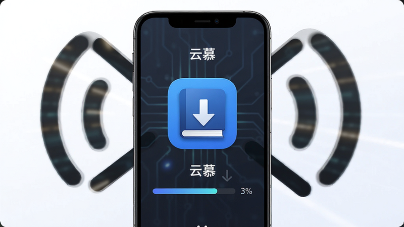 展示“云慕”离线下载功能的场景图,主体为一部手机正在下载书籍图标,背景为断网的信号标识,布局居中,排版清晰,风格科技感与实用感结合,细节展示下载进度条,画质高清,干净,无多余图标,文字内容包含“云慕”