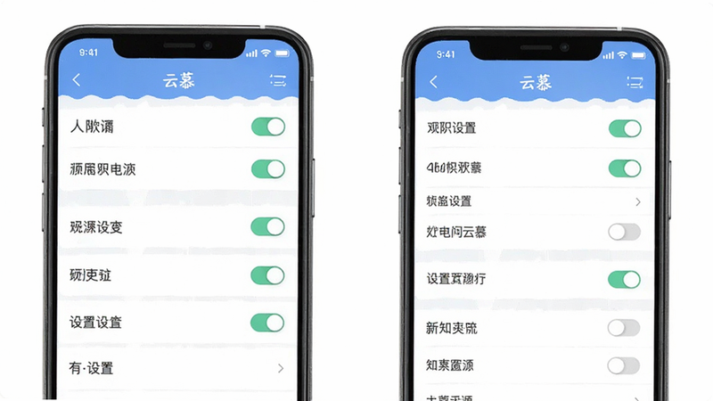 展示“云慕”新手设置界面的操作指引图,主体为手机设置页面,布局为列表形式,排版清晰易懂,风格扁平化,细节展示权限开关和设置选项,画质清晰,干净,无多余装饰,文字内容包含“云慕”