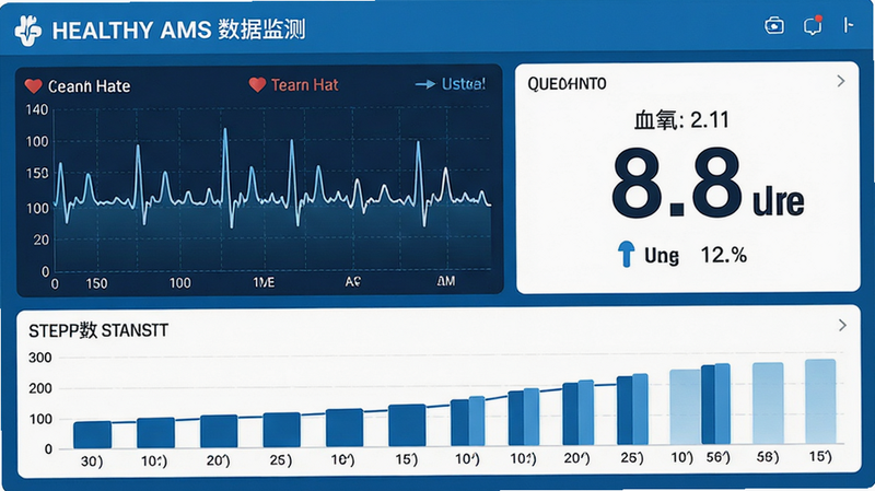 HEALTHY AMS 数据监测界面,左侧显示实时心率波形图,右侧为血氧数值大字显示,底部是步数统计条形图,整体布局清晰,蓝白配色,专业医疗风格,细节丰富,高清画质,无水印
