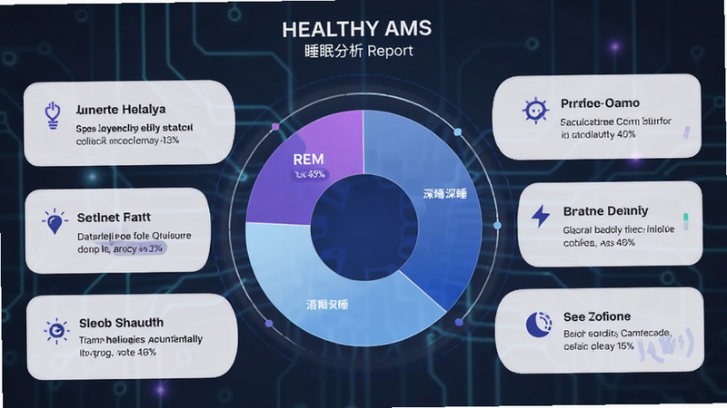 HEALTHY AMS 睡眠分析报告页,中心是一个圆形的睡眠阶段饼图,分为蓝色浅睡、深蓝深睡、紫色REM三个部分,周围环绕着文字建议,背景柔和,科技感强,排版整齐,高清细节,无干扰元素