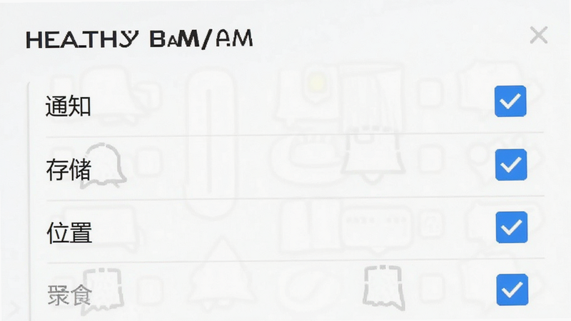 HEALTHY AMS 设置界面,列表形式展示权限选项,如“通知”、“存储”、“位置”,勾选框为蓝色,背景白色,简洁清晰,高清渲染,无多余元素