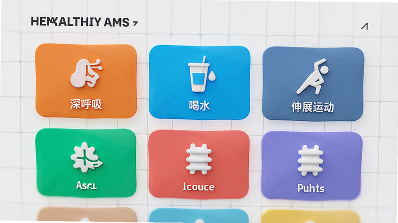 HEALTHY AMS 个性化建议界面,卡片式布局,每张卡片包含一个图标和简短文字,如“深呼吸”、“喝水”、“伸展运动”,背景为浅灰色网格,图标色彩鲜明,风格简约现代,高清渲染,干净利落
