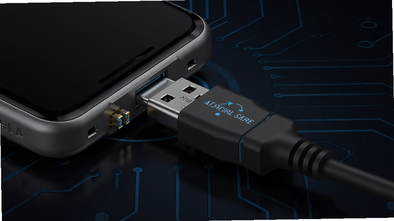 手机连接外接红外发射器的示意图,展示USB-C接口连接过程,背景为深色科技风格,突出连接细节,清晰度高,无文字干扰