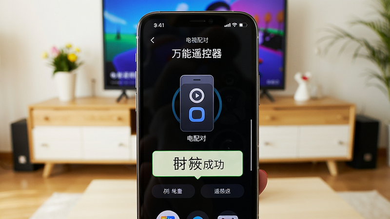 手机屏幕显示“万能遥控器”电视配对界面,背景为客厅电视柜,画面清晰,色彩鲜艳,突出配对成功提示,无多余元素