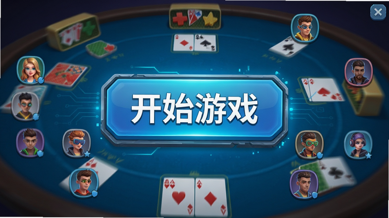 微壳跑得快游戏内的快速匹配界面,背景为动态模糊的牌桌,主体是巨大的“开始游戏”按钮,周围环绕着玩家头像,风格科技感与休闲风结合,细节丰富,画质清晰,干净布局