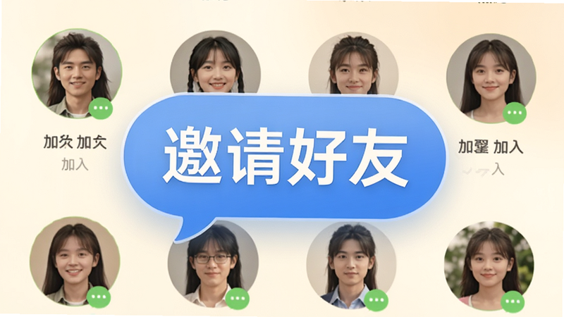 微壳跑得快好友房间界面,显示多个微信好友头像正在加入,中间有一个大大的“邀请好友”气泡,背景温馨柔和,风格亲切自然,细节生动,画质高,无杂乱元素
