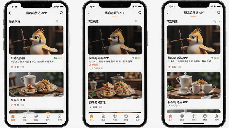 主体为酥鸣鸣优选APP的主界面截图,布局采用卡片式瀑布流排版,背景为清爽的白色,顶部有导航栏,中间展示精选内容卡片,底部有标签栏,风格简约现代,细节清晰,画质高清,干净,无多余元素